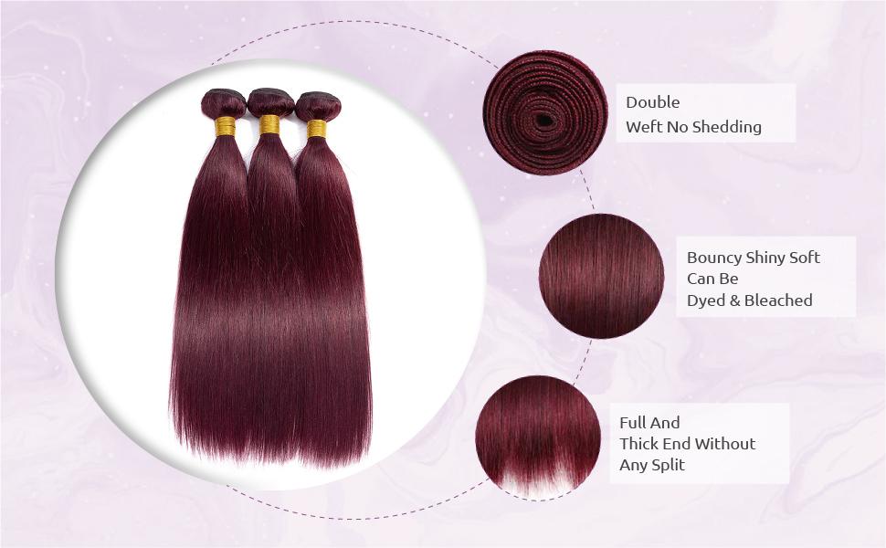 99J Straight Bundles Hair Extensions Burgundy Straight Human Hair Bundles Weave Extensions Double Weft Brazilian Soft and Silky for Black Women