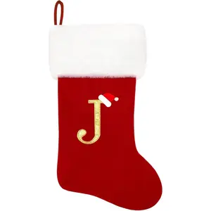 20 Inches Monogram Christmas Stockings Red Velvet with White Super Soft Plush Cuff Embroidered Personalized Decor for Family Holiday Season (Letter J)