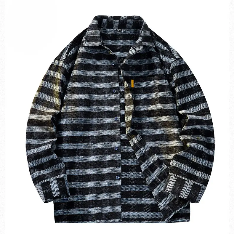 Men's Vintage Striped Flannel Outerwear - Back-to-School Student Jacket, Brushed Cotton Blend Fabric, Turn-Down Collar, Pockets, Long Sleeve, Loose-Fitting, Button-Front, Everyday Streetwear, Machine Washable Top, Medium Length, Vertical Stripes, Casual,