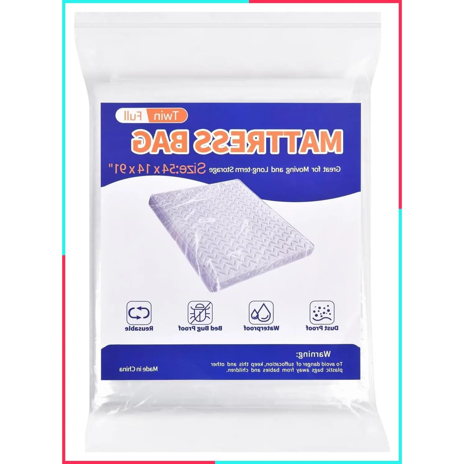 Mattress Bag for Moving and Storage - Plastic Mattress Protector Cover, Twin/Full Size (1 Pack)