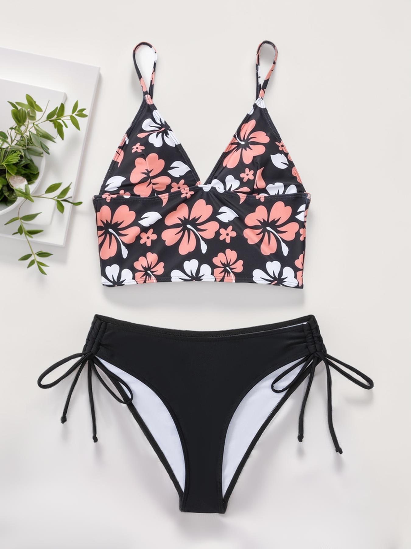 Two-piece Women's Floral Print Bikini Set, Flower Print Bikini, Adjustable Strap Bra & Drawstring High Cut Panty, Ladies Summer Swimwear for Beach Holiday Vacation, Tankini Swimsuits Women