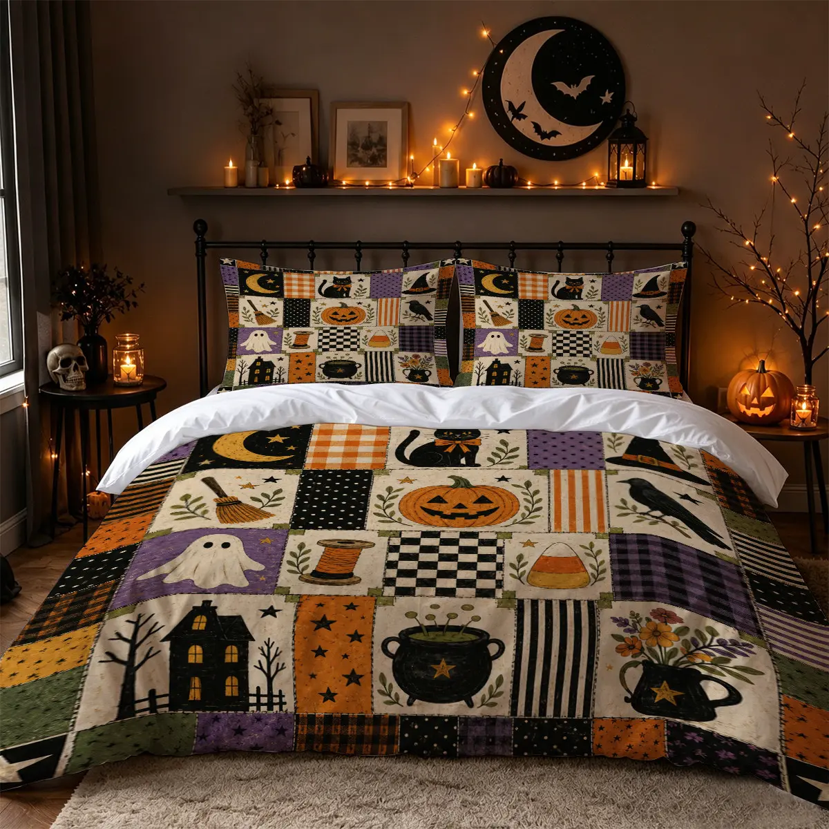 3Pcs Vintage Halloween Pumpkin Black Cat Ghost Raven Patchwork Print Duvet Cover Set, Cottagecore Farmhouse Fall Bedding with 1 Duvet Cover and 2 Pillowcases, No Comforter, Bedroom Decor for Adults, Apartments, Dorms and Guest Rooms