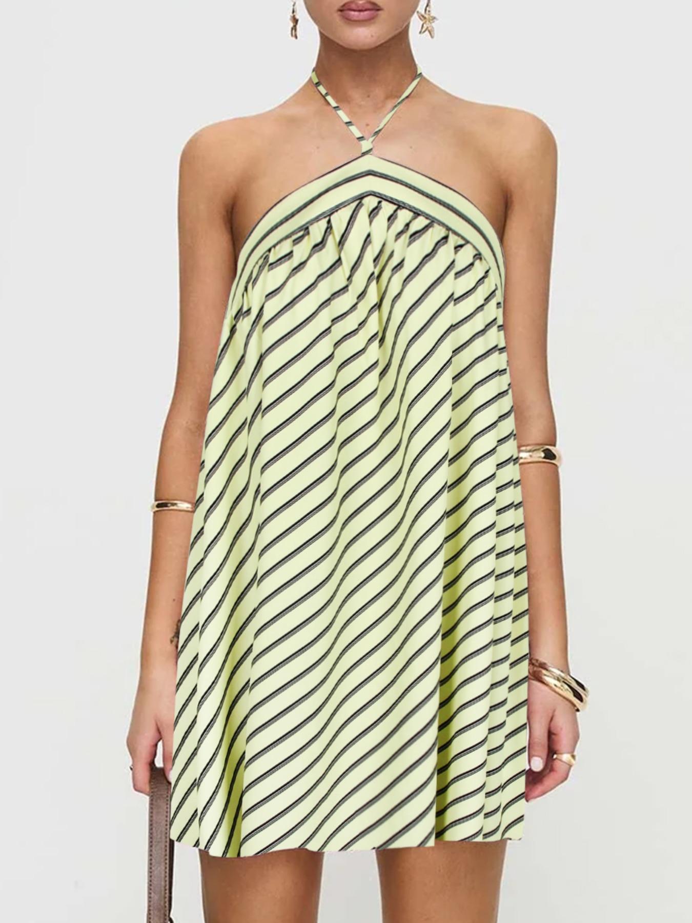 Women's Striped Print Halter Neck Dress, Bohemian Halter Dress, Casual Sleeveless Short Dress for Summer, Beach Holiday Dress, Ladies Clothes for Daily Wear