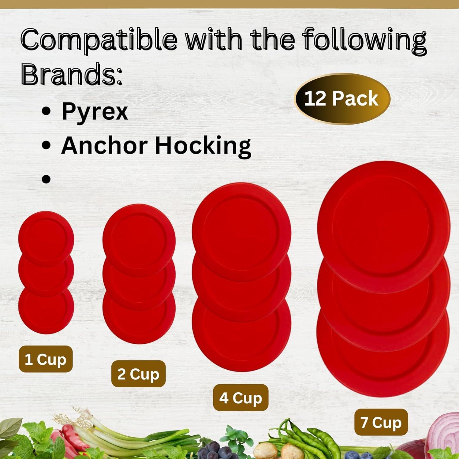 1, 2, 4 & 7 Cup Replacement Lids/Covers for Pyrex, Anchor Hocking &  Storage Bowls *Lids Only - Glass Container Not Included* (12 Pack *Three of Each Size*, Red)