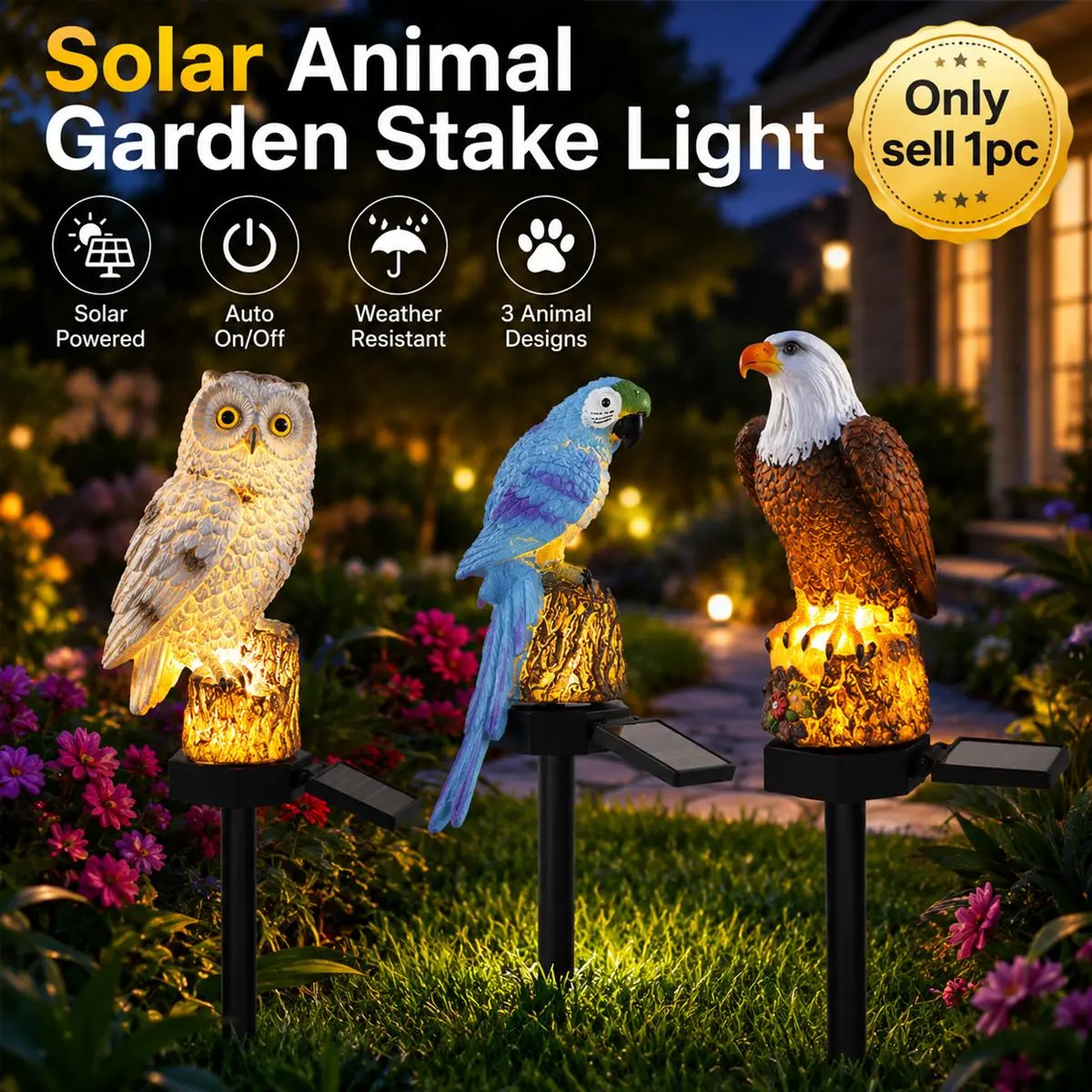 LED Solar Parrot/Owl /Eagle Garden Light Cute Animal Resin Stake Lamp, Waterproof Dusk to Dawn Outdoor Decorative Pathway Light for Yard Patio Lawn Flower Bed Walkway Courtyard Garden Decor, Warm Glow Landscape Accent for Home Outside Driveway