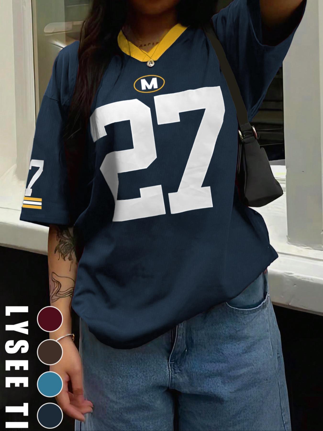 Women's Number Print V Neck Tee, Casual Fitted Short Sleeve T-shirt for Summer, Women's Top for Daily Wear