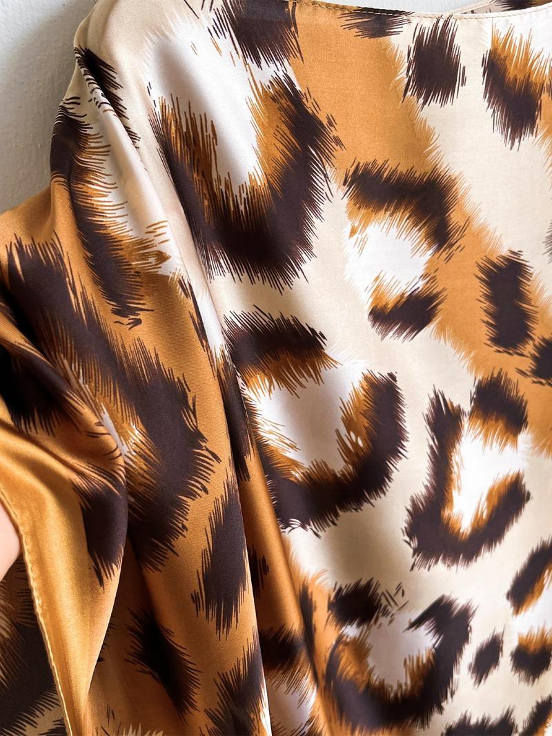 Women's Leopard Print Long Sleeve Kimono & Scarf Set, Casual Open Front Outerwear & Shawl, Ladies Clothes for Beach Vacation, Womenswear