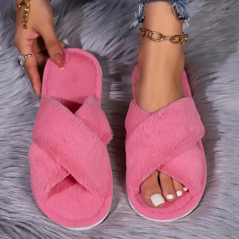 Popular Cross Furry Slippers Female Fluffy Slides Autumn Winter Outdoor Fashion EVA Light Flip Flops Sweat Soft Flat Shoes