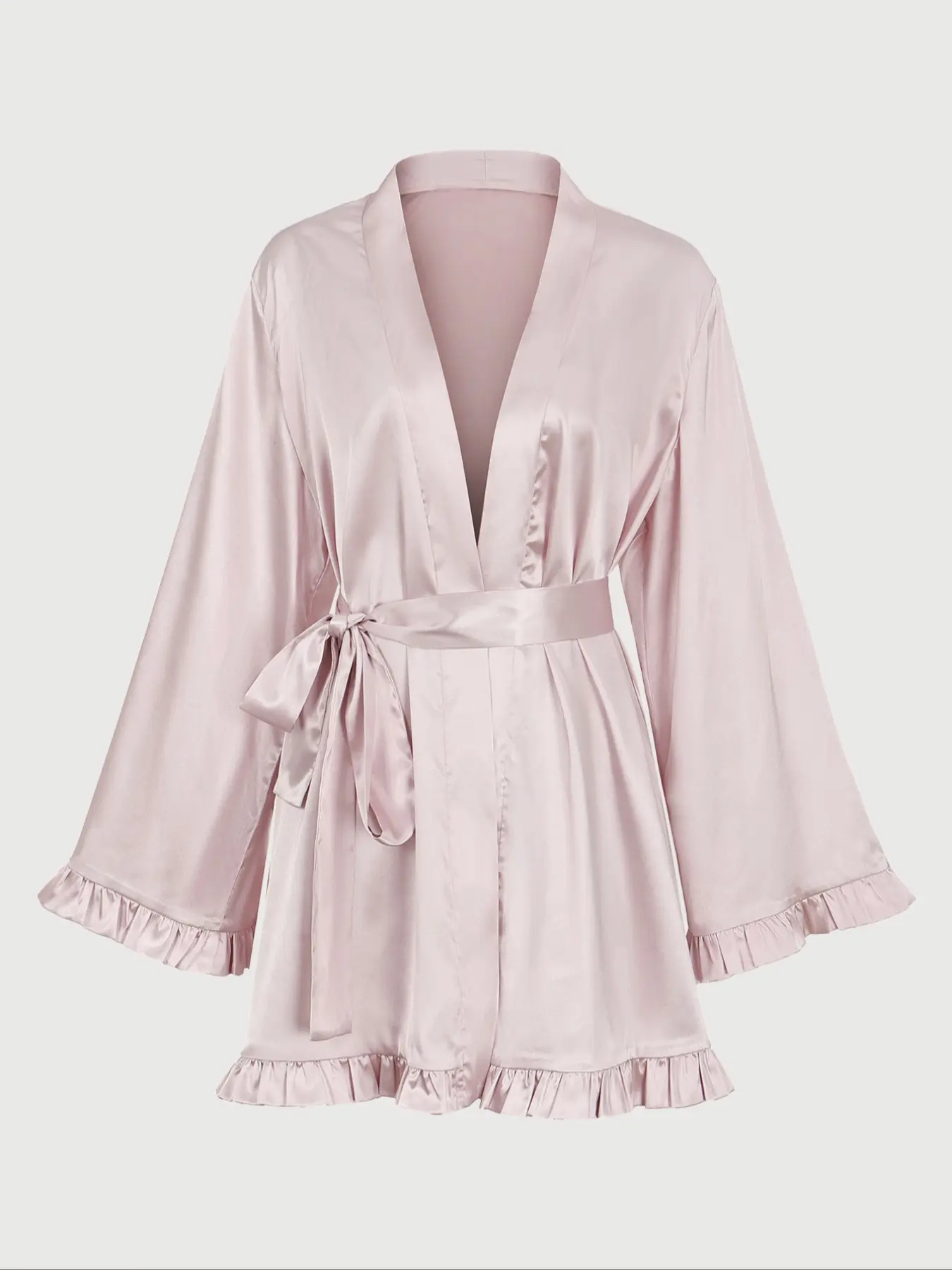 Elegant Satin Kimono Robe Loungewear Chic, Dusty Rose with Ruffle Cuffs & Hem, Long Sleeve Loose-Fitting Nightgown, Casual All Seasons Wear