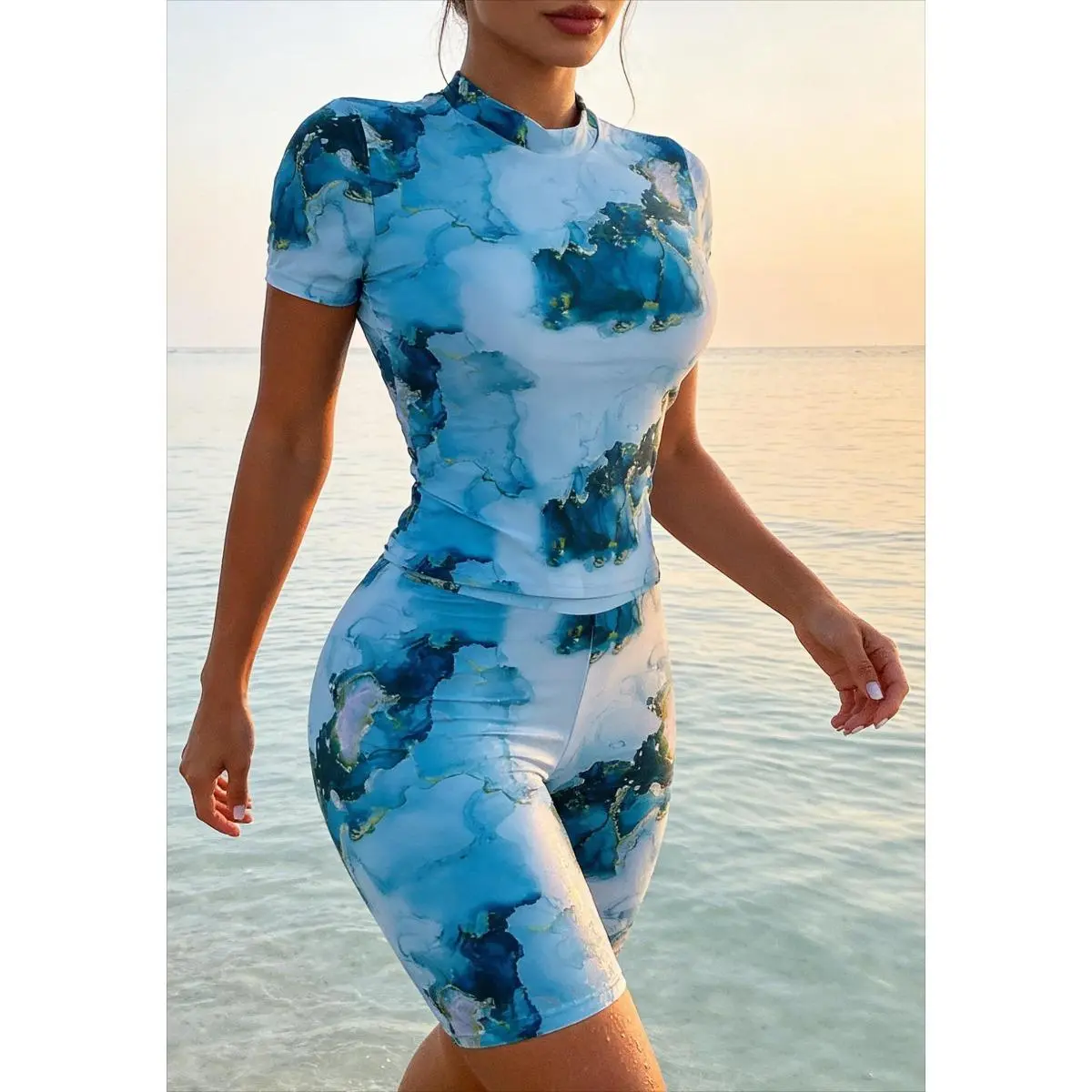 Women's Marble Print Short Sleeve Rashguard Swim Top - Relaxed Fit, UPF 50+ Sun Protection, Quick-Dry Chlorine-Resistant Stretch Fabric, Female Standard Sizes, Ideal for Snorkeling & Beach Days with Kids