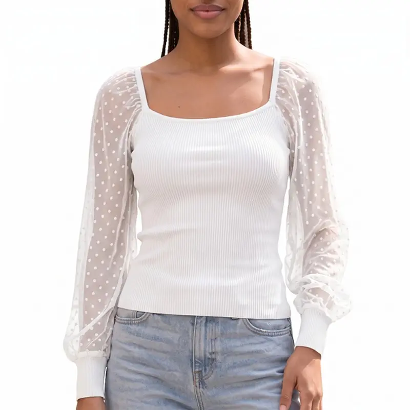 Women's Dressy Swiss Dot Mesh Puff Long-Sleeve Fitted Square Neck Blouse - Stretchy, Comfortable Top for Date Nights, Parties