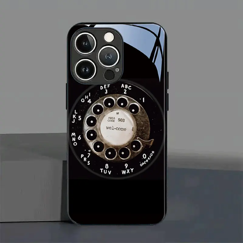 Phone Case: Vintage Rotary Dial Pattern Tempered Glass Phone Case for iPhone 16/16 Plus/16 Pro/16 Pro Max/15/15 Plus/15 Pro/15 Pro Max/14/14 Plus/14 Pro/14 Pro Max/13/13 Pro/13 Pro Max/13 Mini/12/12 Pro/12 Pro Max/12 Mini/17/17 Pro Max/X/XS/XR/XS