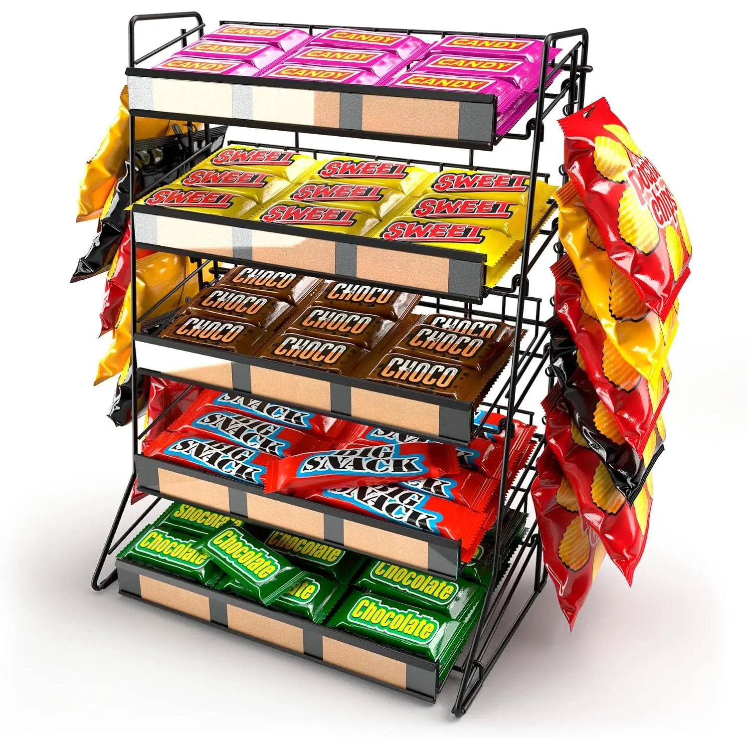 5-Tier Black Metal Household Snack Display Shelf with 12 Clips - Durable Portable Stand, Large-Size Synthetic Countertop Organizer for Party Concession Use (1 Unit), Party Use