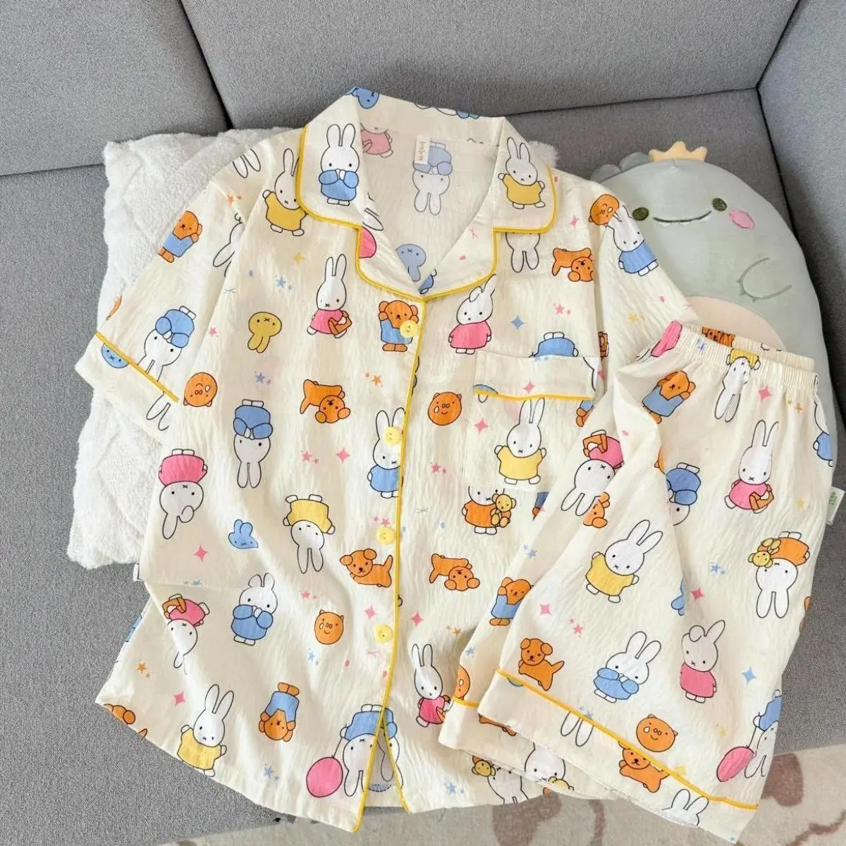Kawaii Miffy Pajamas Cartoon Miffy Rabbit Sleepwear Women's Loose Short-Sleeved Short-Peaked Homewear Set