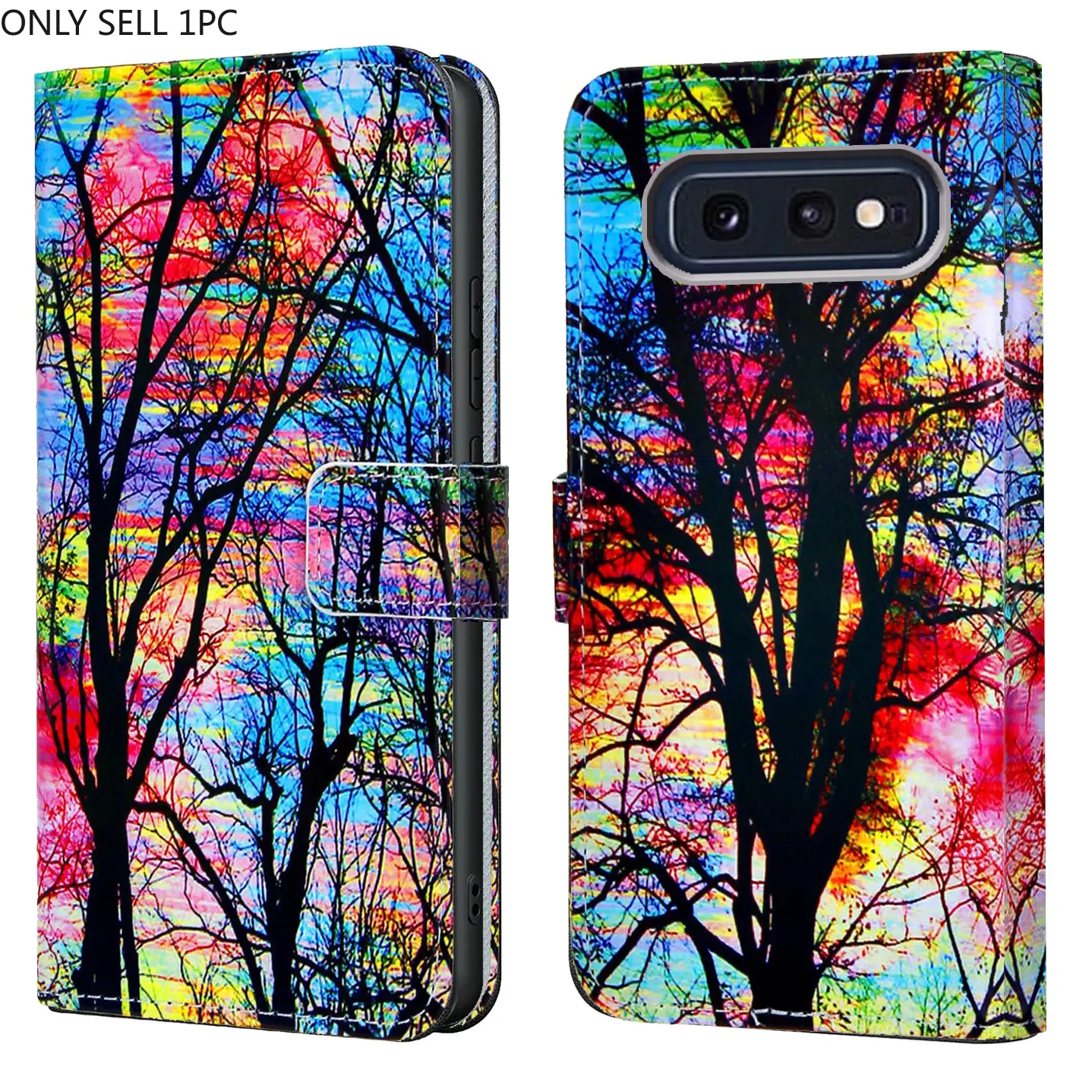 For Samsung Galaxy S5 S6 S7 S8 S9 S10 S20 S21 S22 S23 S24 S25 Plus Ultra FE Case PU Leather, The artistic sense and natural ambiance of black tree silhouettes, Card Slot With Kickstand Wallet Flip Protective Phone Case Cover