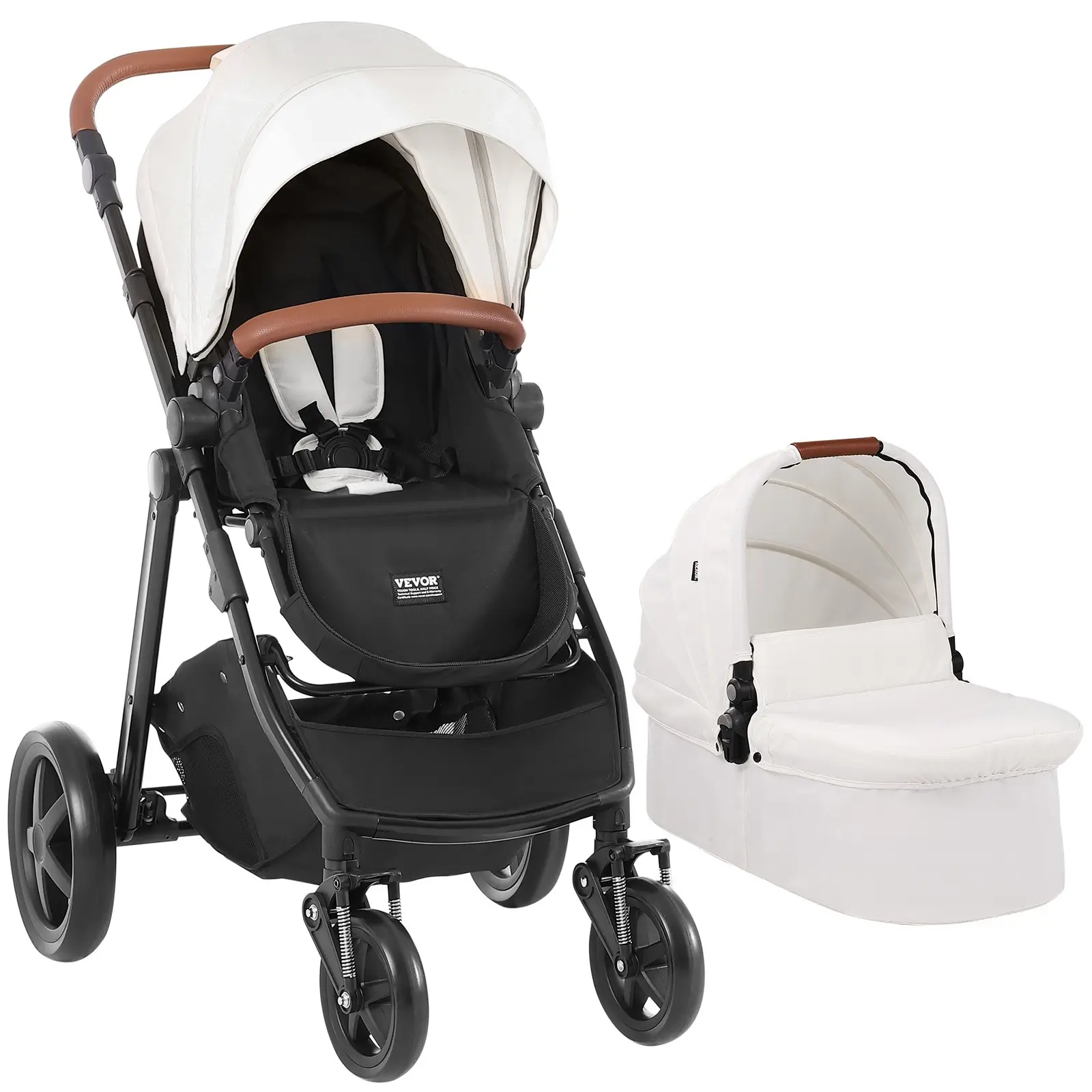 【toolupgrade】VEVOR 2-in-1 Travel System Stroller Set Combo with Infant Bassinet, Reversible Seat, 1-Button Folding, EVA Tires with Brake, Aluminum Frame, Oxford Cloth, Prop 65 Safe (White)