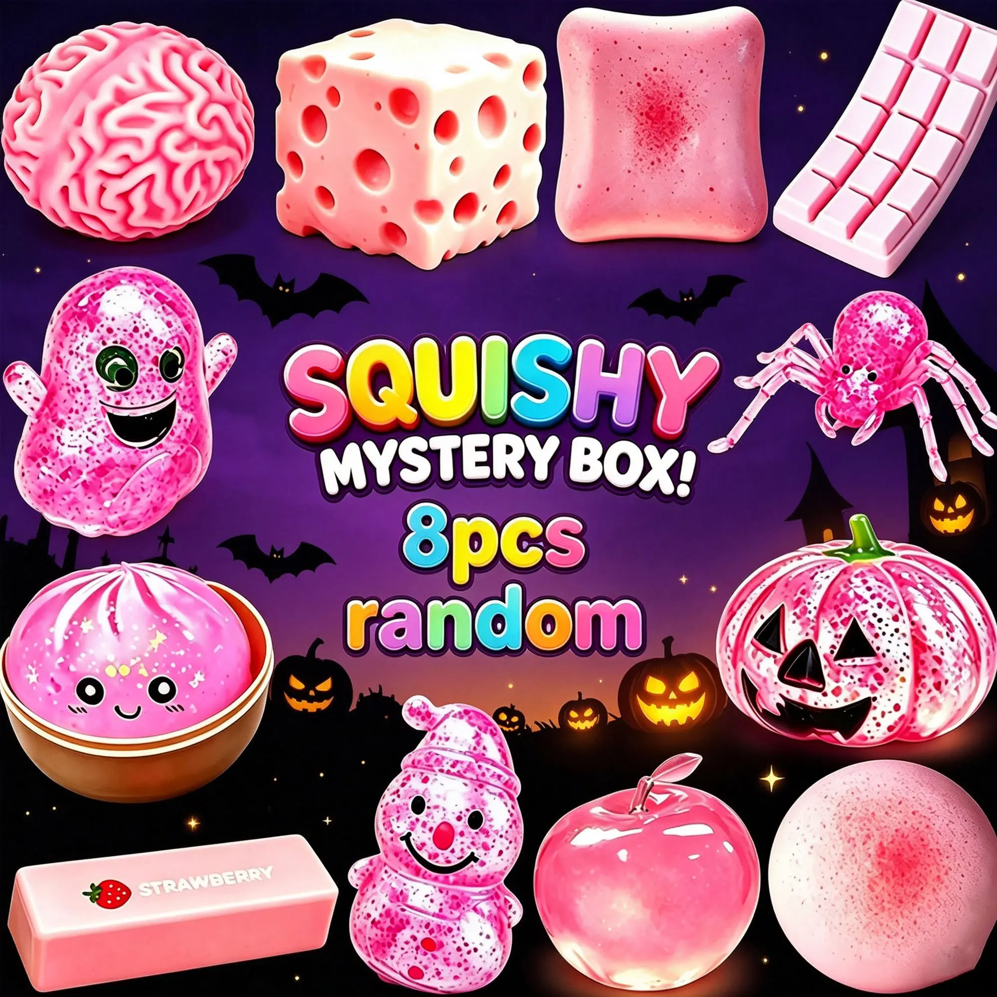 Halloween Mystery Toy Box for Kids, 8 Glitter Squishies, Blind Box Sensory Fidget Toys, Non-Candy Trick-or-Treat Surprises, Halloween Basket Stuffers & Party Giveaways