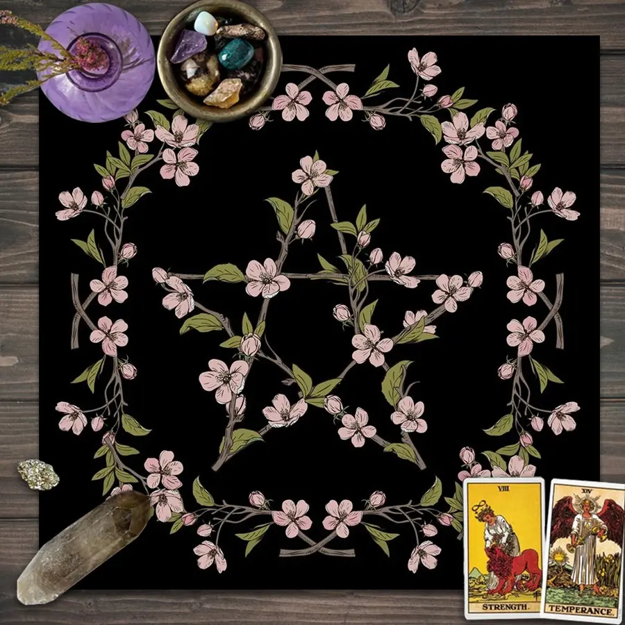 1pc Floral Branch Pentagram Decor Square Cloth, Black Background Pink Cherry Blossom Table Cover, Multi-purpose Bandana Scarf, Vintage Botanical Gothic Wall Tapestry Dark Cottagecore Decor