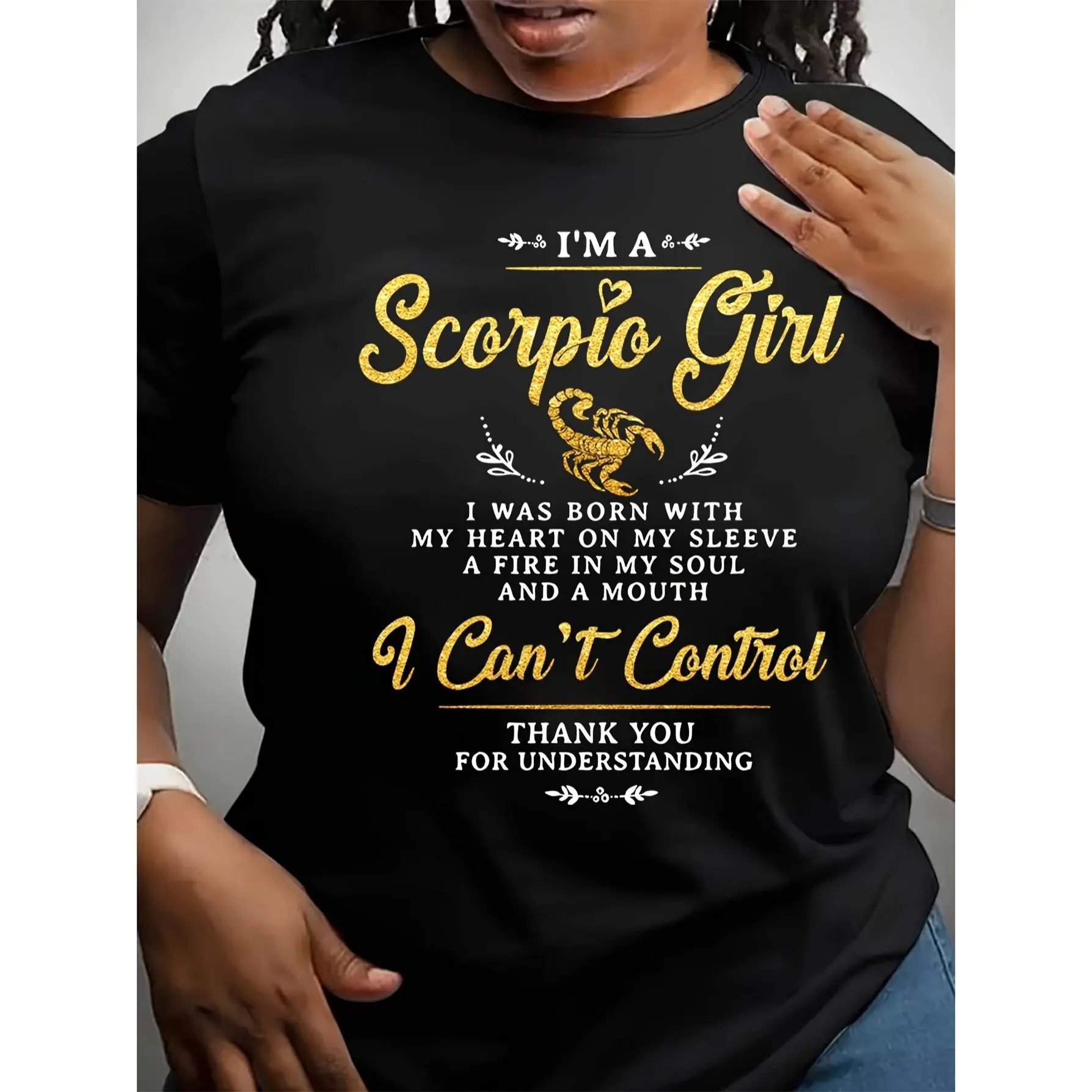 Scorpio T-Shirt - Comfortable Crew Neck Top with Alphabet Design - Washable in Machine, Length, Casual Summer Attire for Ladies