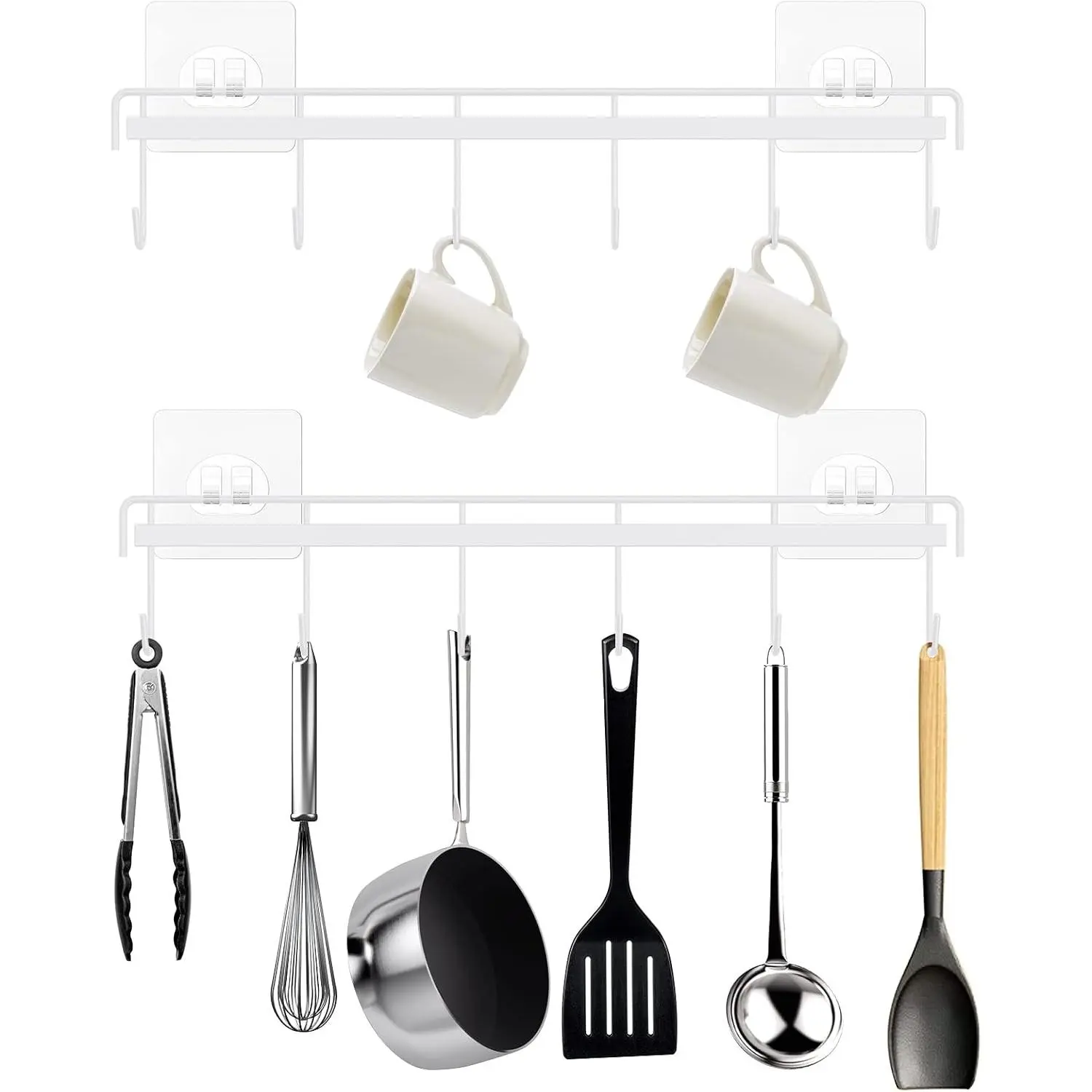 Minimalist Modern Wall Mount Adhesive Kitchen Utensil Hanger 2-Piece Sets (2 Count) - Rustproof, Polished Finish, No Drilling, 12 Hooks for Cups, Spoons, Spatulas, Two Piece Sets