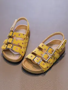 Casual Sandals, Mustard Polka Dot, Adjustable Metal Buckles, Soft Sole, Breathable, Ideal for Daily Wear, Outdoor Play, School