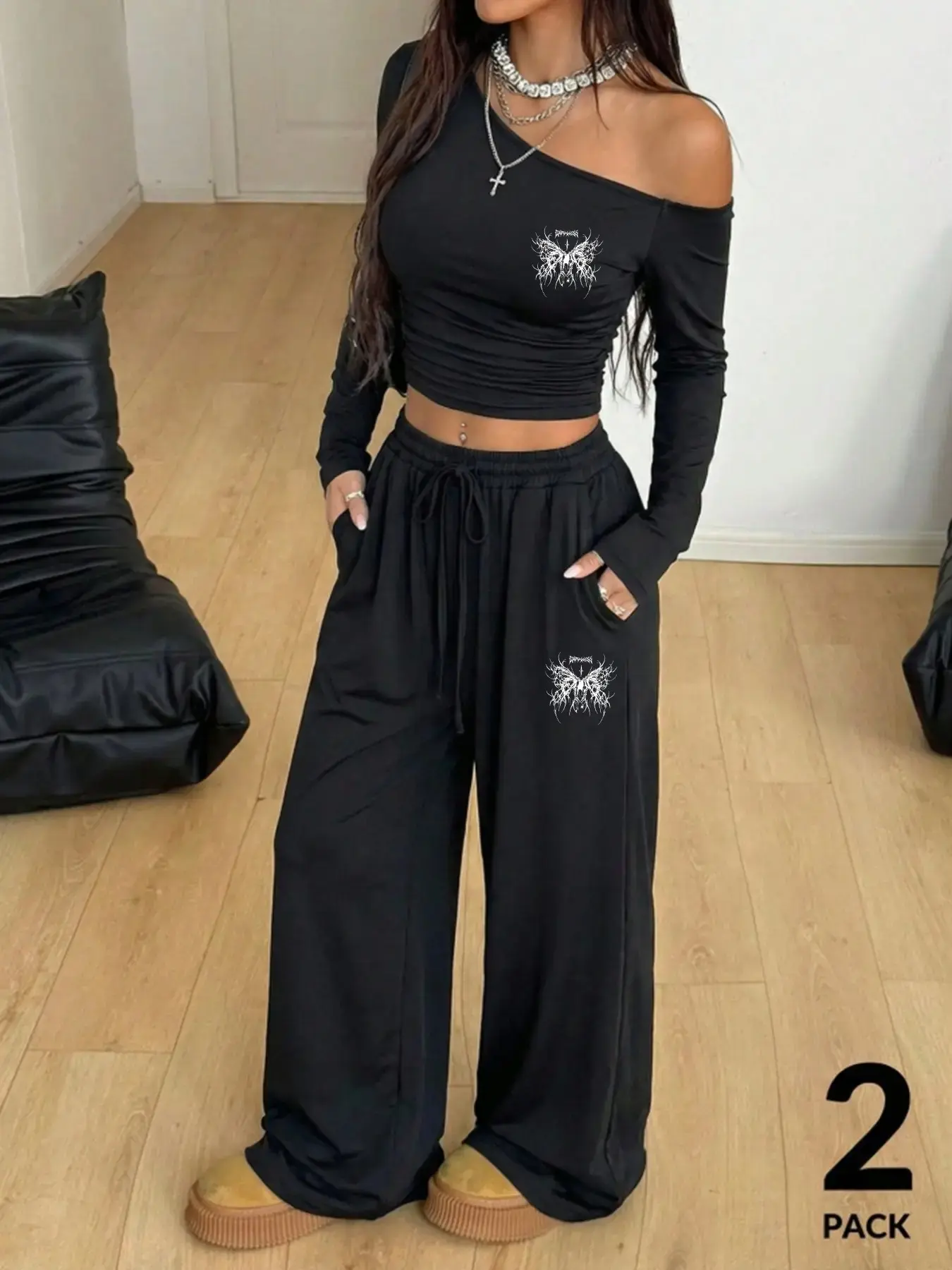 Women's Fall Y2K Short Sleeve Asymmetrical Shoulder Top & Wide Leg Pants Set, Gothic Print, Slim Fit, Comfortable Elastic Fabric