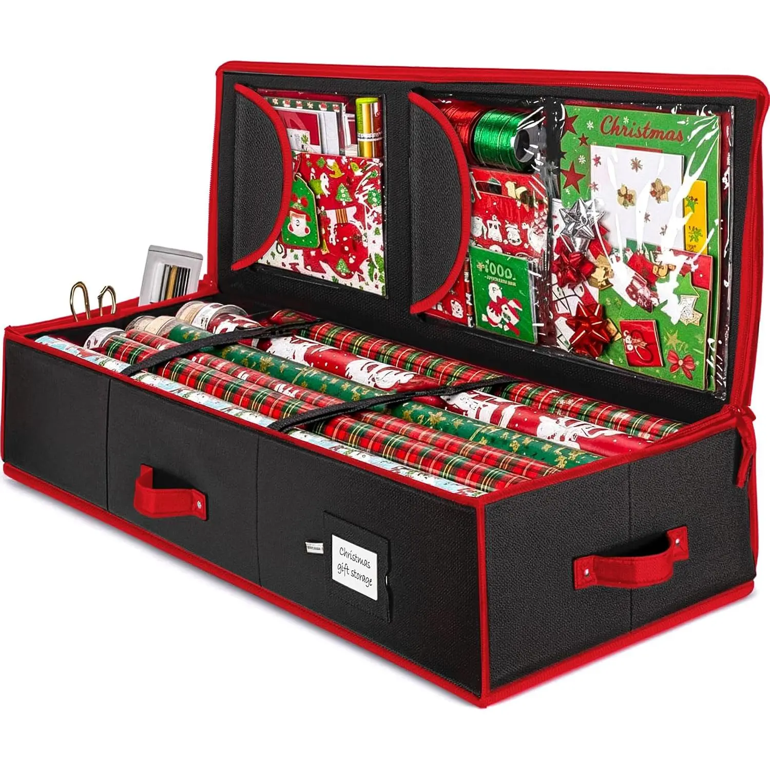 600D Oxford  Wrapping Paper Organizer Storage - 40"  Wrap Storage Containers with Interior Pockets for Bows, Tags & Ribbons - Wrapping Paper Holder, Fits 24 Standard Rolls, Black/Red