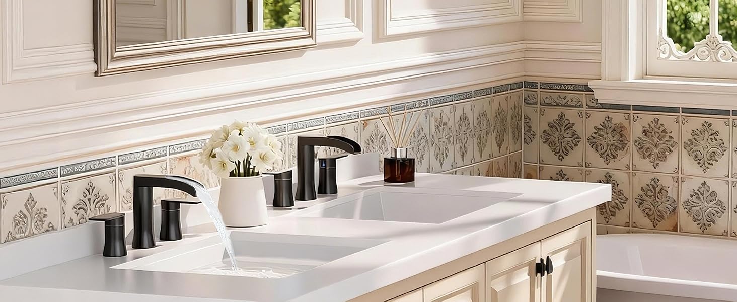 SSREEZNX Waterfall Faucets Brushed Nickel, Sink Faucet 3 Hole, Widespread Sink Faucet with Pop-up Drain and Line for