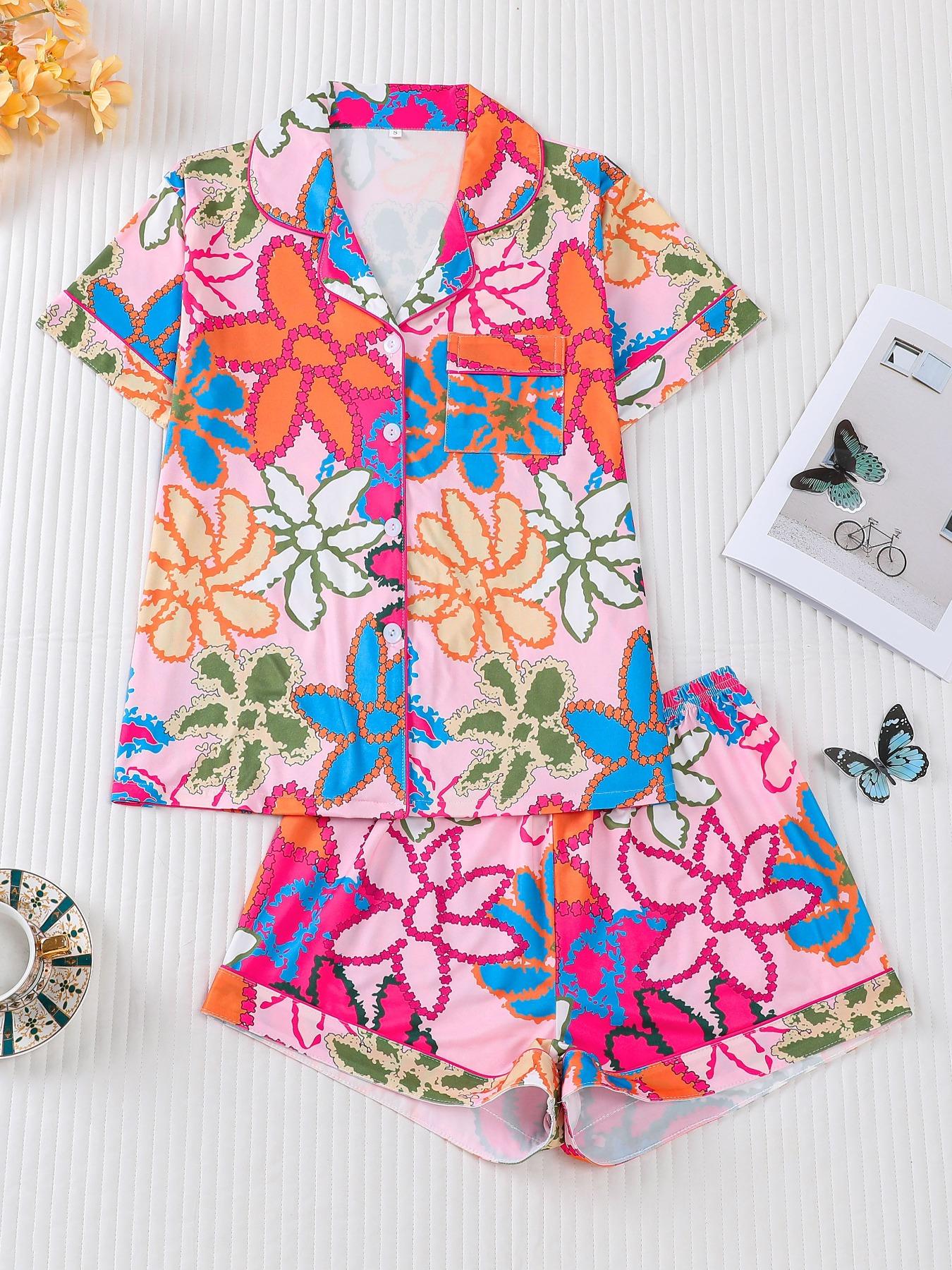 Women's Leopard Print Cherry Bow Sleepwear Pajama Set, Short Sleeve Shirt Collar Button Soft Top & Elastic Shorts, Casual Home Wear