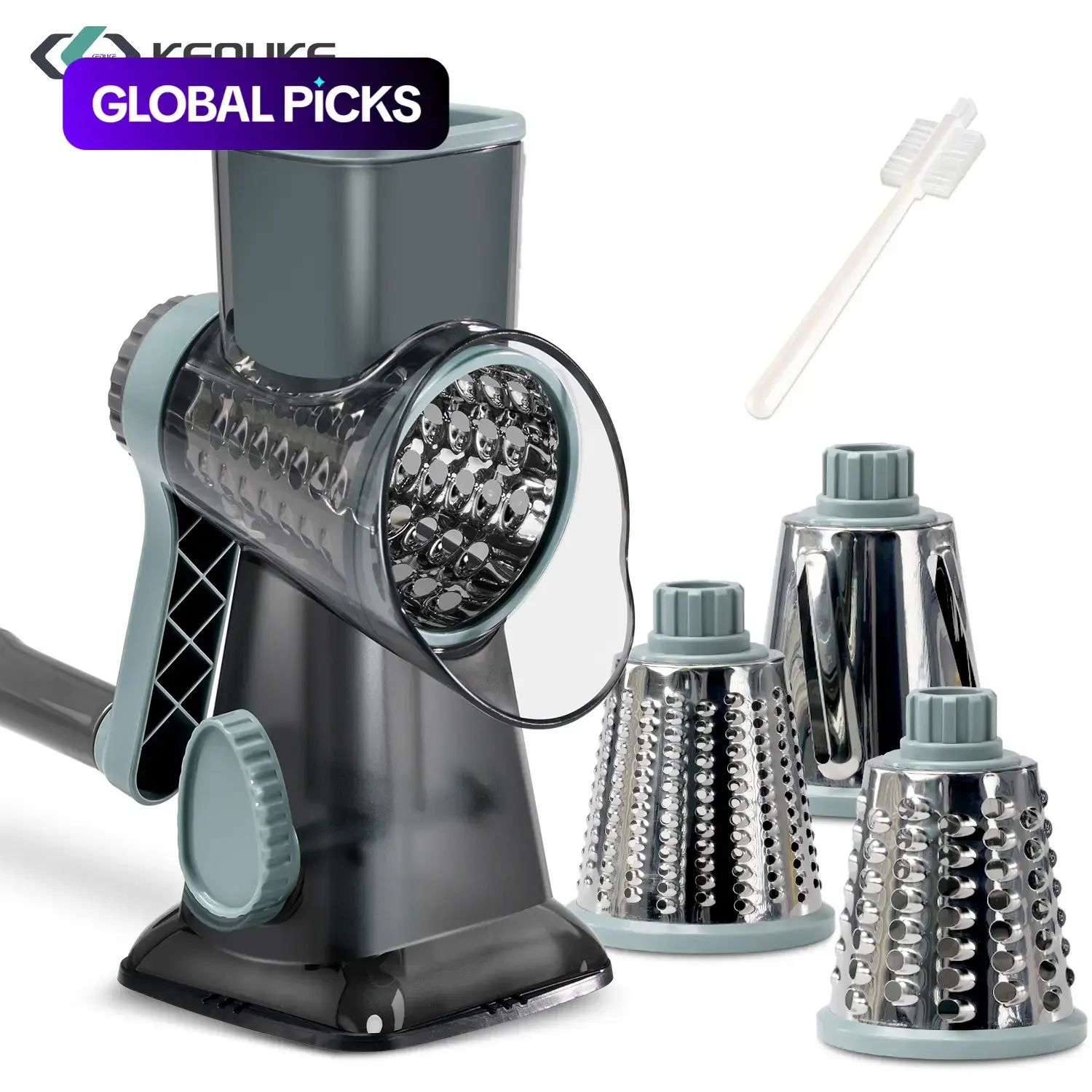 Keouke Rotary Cheese Grater, Manual Vegetable Slicer with 3 Interchangeable Stainless Steel Blades, Hand Crank Shredder for Cheese and Vegetables #GLOBAL PICKS