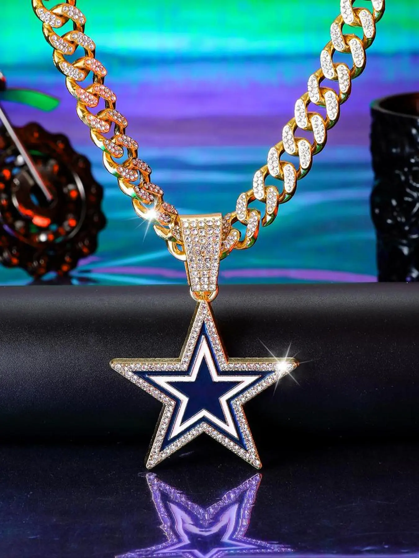 Punk Style Full Diamond Blue Star Necklace with Cuban Chain, Cuban Links Trendy Hip Hop Jewelry for Men and Women, Must-Have Fashion Accessory