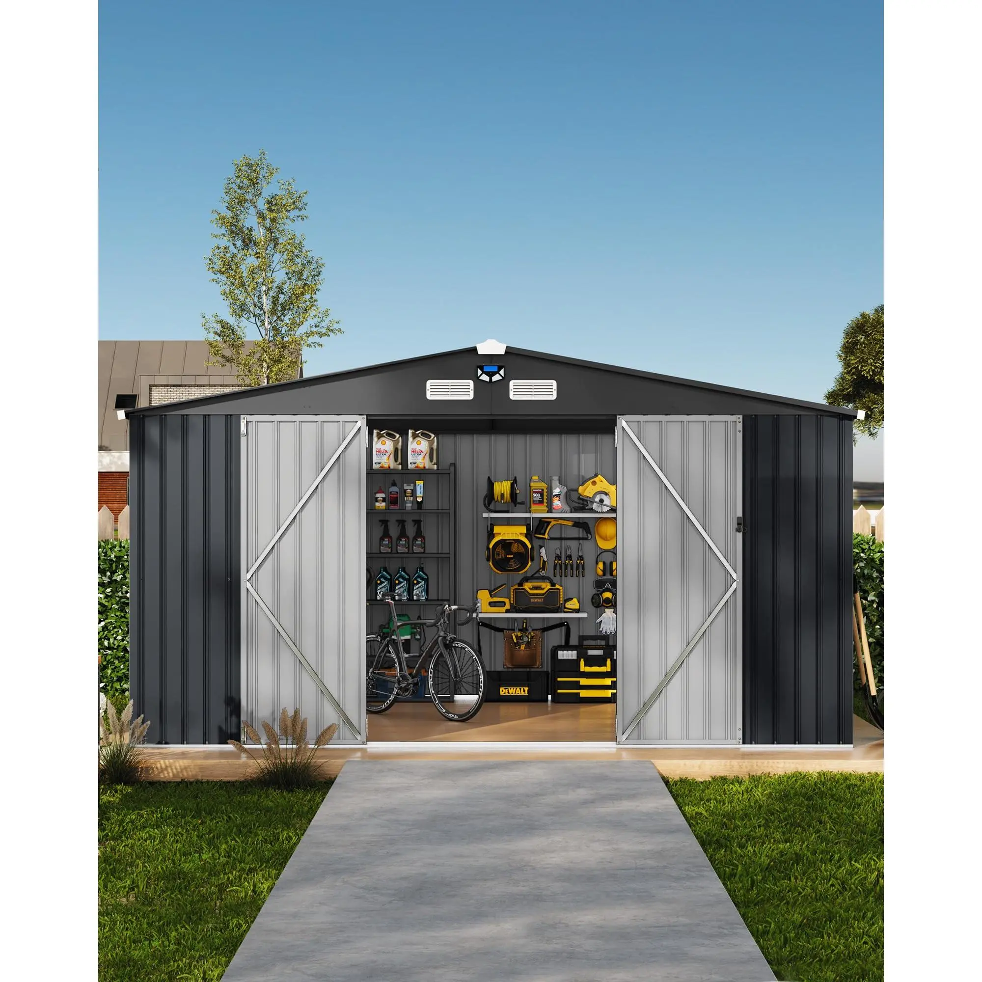 Durable Galvanized Steel Shed! Heavy-Duty Storage with Sloped Roof, Lockable Door & Windows, Perfect for All Outdoor Spaces