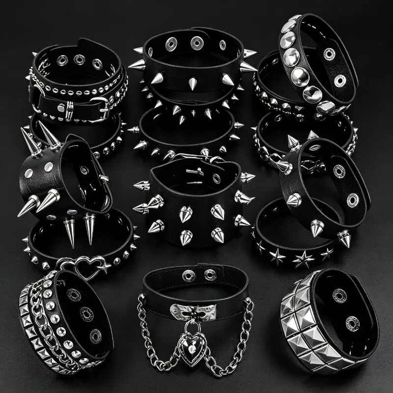 Unisex Punk-Style PU Leather Studded Bracelet Set - 9/12Pcs Mixed Designs, Adjustable Snap Fastening, Adjustable Fit, Gothic Rock Wristband, Trendy Teen Party Costume Jewelry Accessory