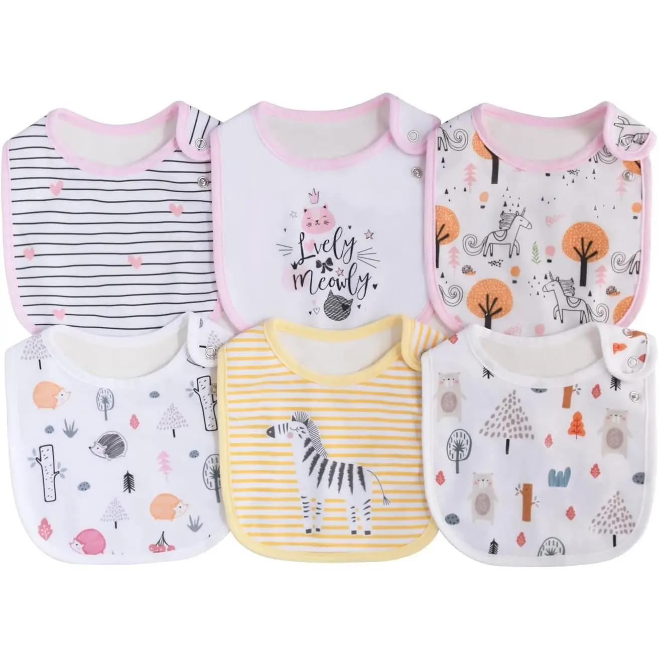 Baby & Maternity 6-Pack Unisex Cotton Bibs & Burp Cloths, Waterproof Reusable Drool Covers with Snaps, Baby-Safe for Eating & Drooling, One Size for Boy & Girl (0-3 Years)