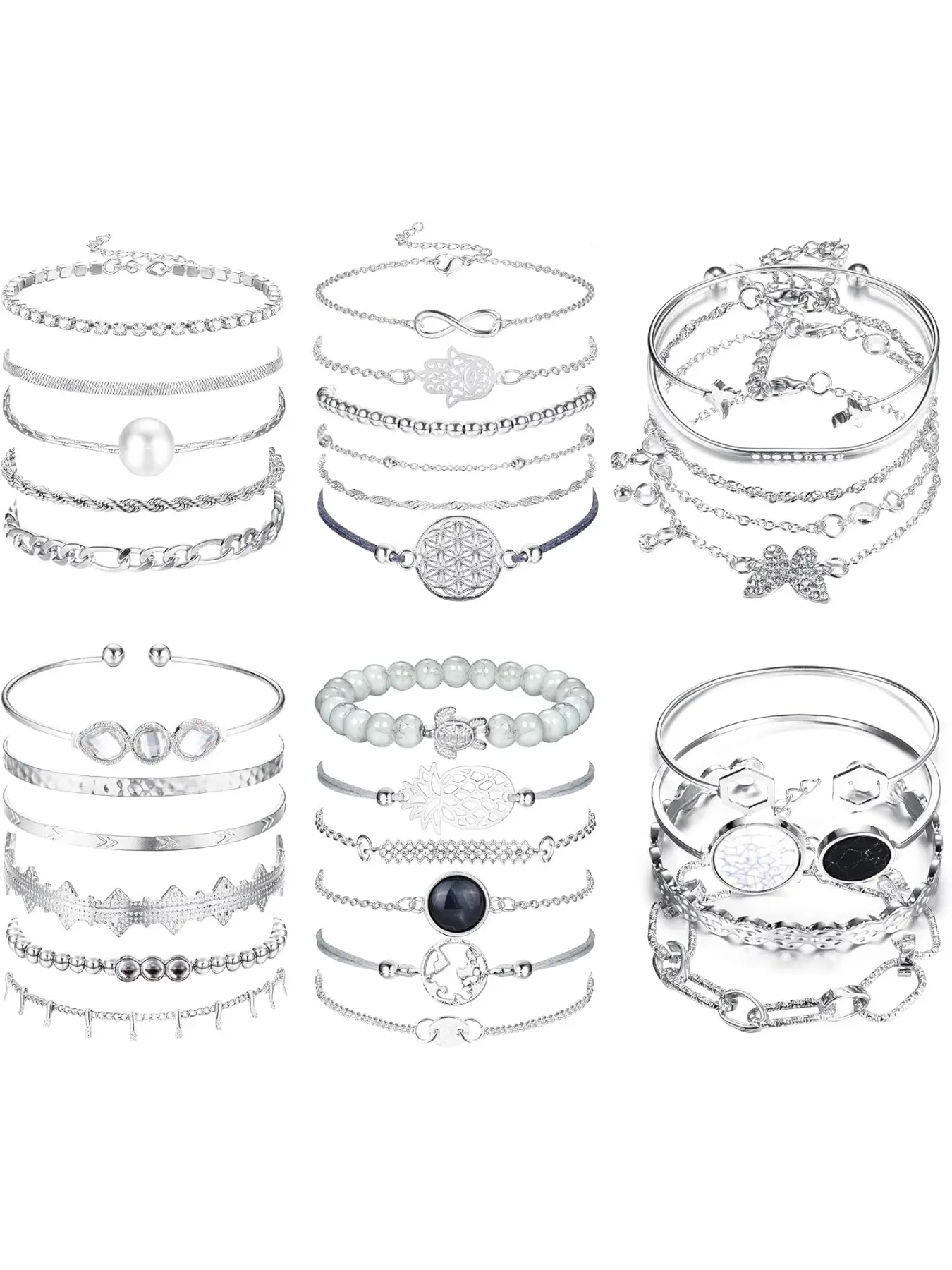 32 PCS Boho Gold Chain Bracelets Set for Women Multiple Layered Stackable Open Cuff Wrap Silver Bangle Adjustable Fashion Paperclip Link Cuban Beaded Bracelets Jewelry for Girl Gift