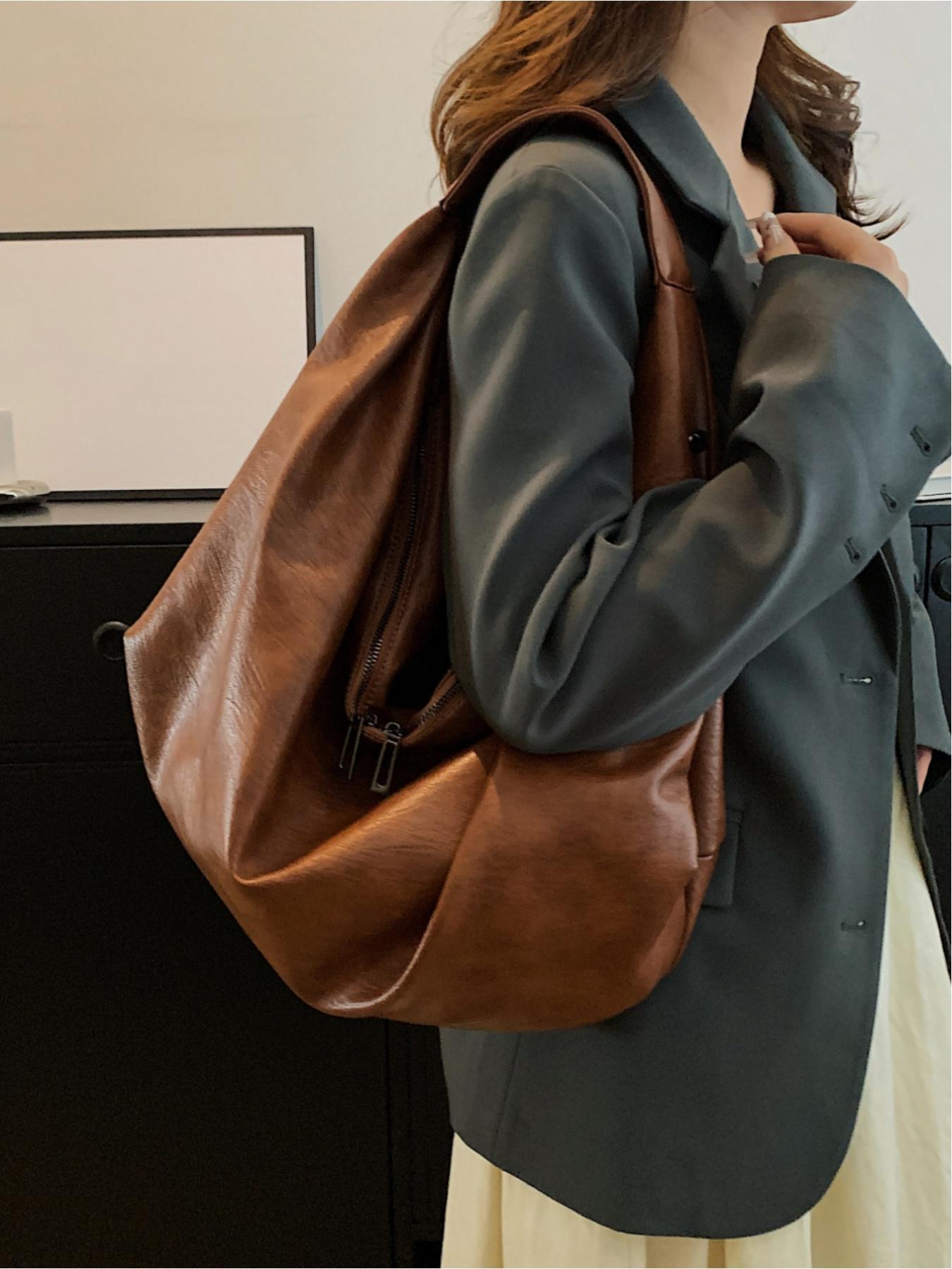 Women's Solid Color Large Capacity Tote Bag, Fashionable PU Leather Shoulder Bag for Work & School, Casual Trendy Versatile High-quality Daily Commuting Bag