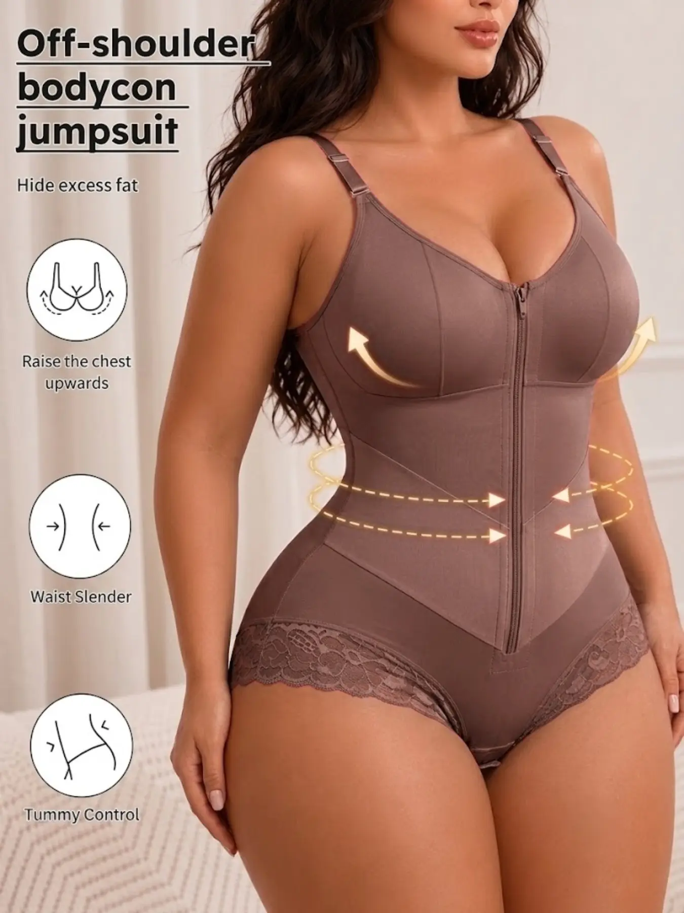 1 Count Women's Butt Lifting & Tummy Control Shapewear, Body Shaping Underwear, Colombian Shapewear, Fajas, Lace Trim Anti-Slip Bodysuit, Adjustable Straps Front Zipper Shapewear Bodysuit, Great For Stylish Daily Looks