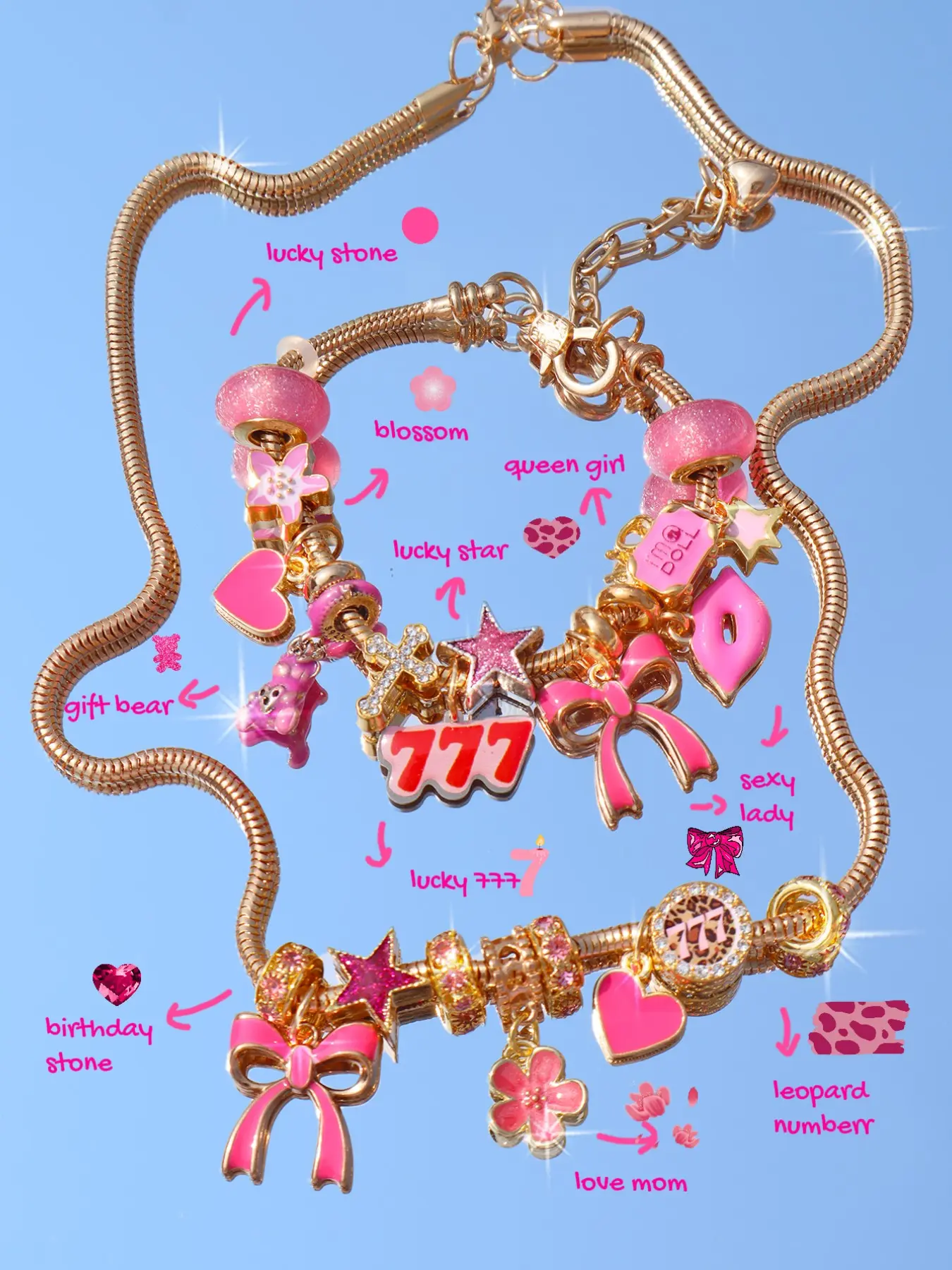 Leopard Print Bear Charm Bracelet Necklace Set, Butterfly Heart Design, Lucky Number 777 Memorial Jewelry, 2pcs Return to School Season Gift