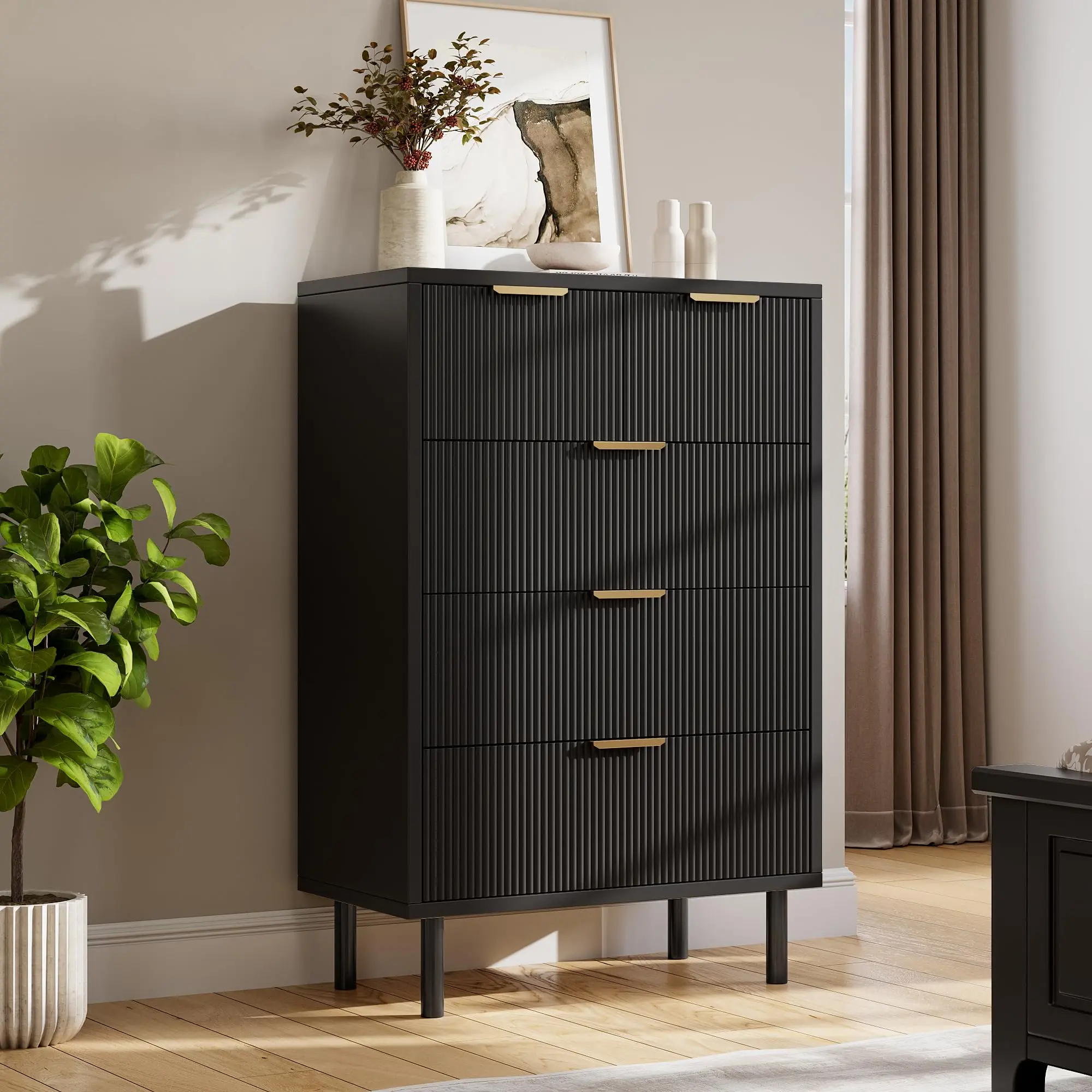 Garvee 5-Drawer Black Modern Wooden Dresser with Wide Drawers, Anti-Tip Device, and Metal Legs - Stylish Storage Organizer for Bedroom, Closet, and Hallway