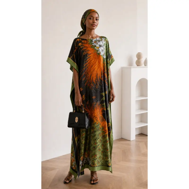 Women's 2-Piece Printed Polyester Caftan Dress Set, Lady Swimsuit Cover Up with Scarf for Beach Vacation and Cruises, Lightweight, Casual Wear, Matching, Comfortable, Everyday, Plants, Moomoo, Long, Loose Fit, Bold Prints, All Seasons, 2-Piece Set
