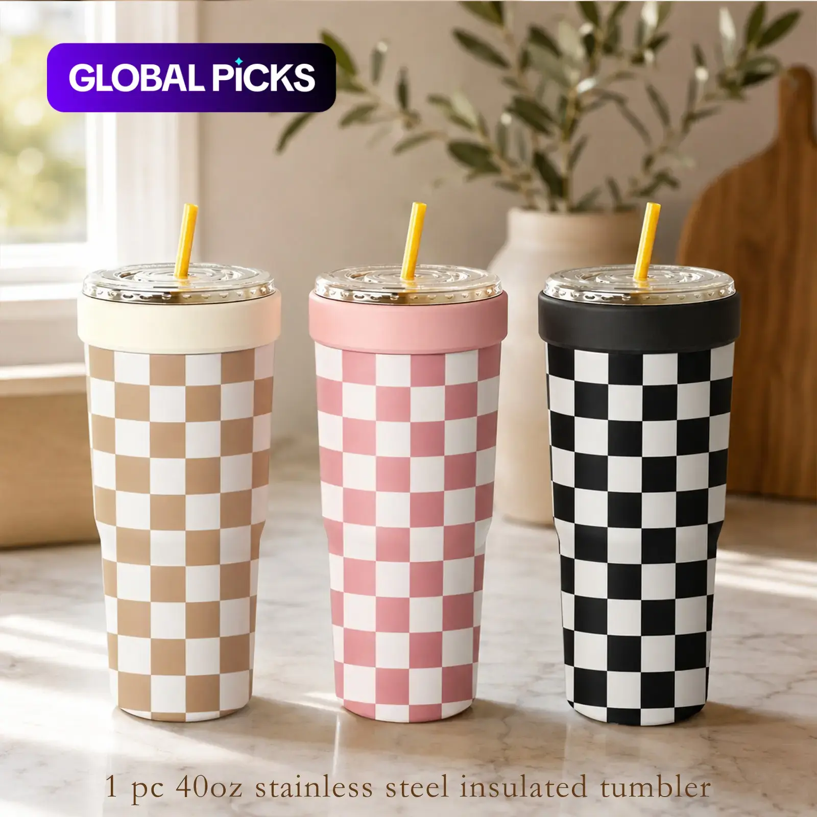 1PC 30oz Checkerboard 2-in-1 Insulated Tumbler & Iced Coffee Cup Sleeve, Leak-Proof Double Wall Stainless Steel Travel Mug, Cold 12+H & Hot 6+H, Fits 16–24oz To-Go Cups, Cup Holder Friendly, Halloween, Thanksgiving & Christmas Gift for Friends & Family