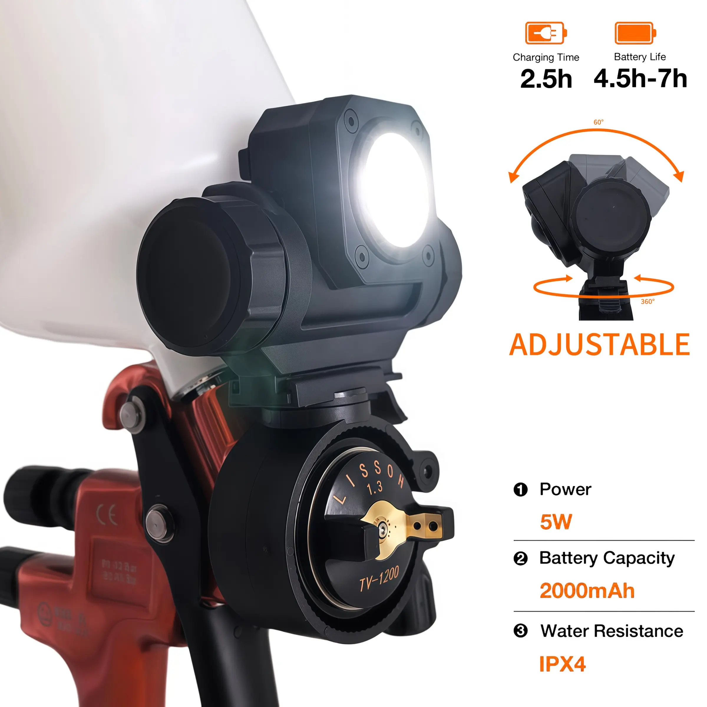 Professional Rechargeable Spray Gun Light, 4.5-7 Hours Battery Life, 250-450 Lumens, 3 Color Temperatures, Ipx4 Waterproof, Universal Nozzle