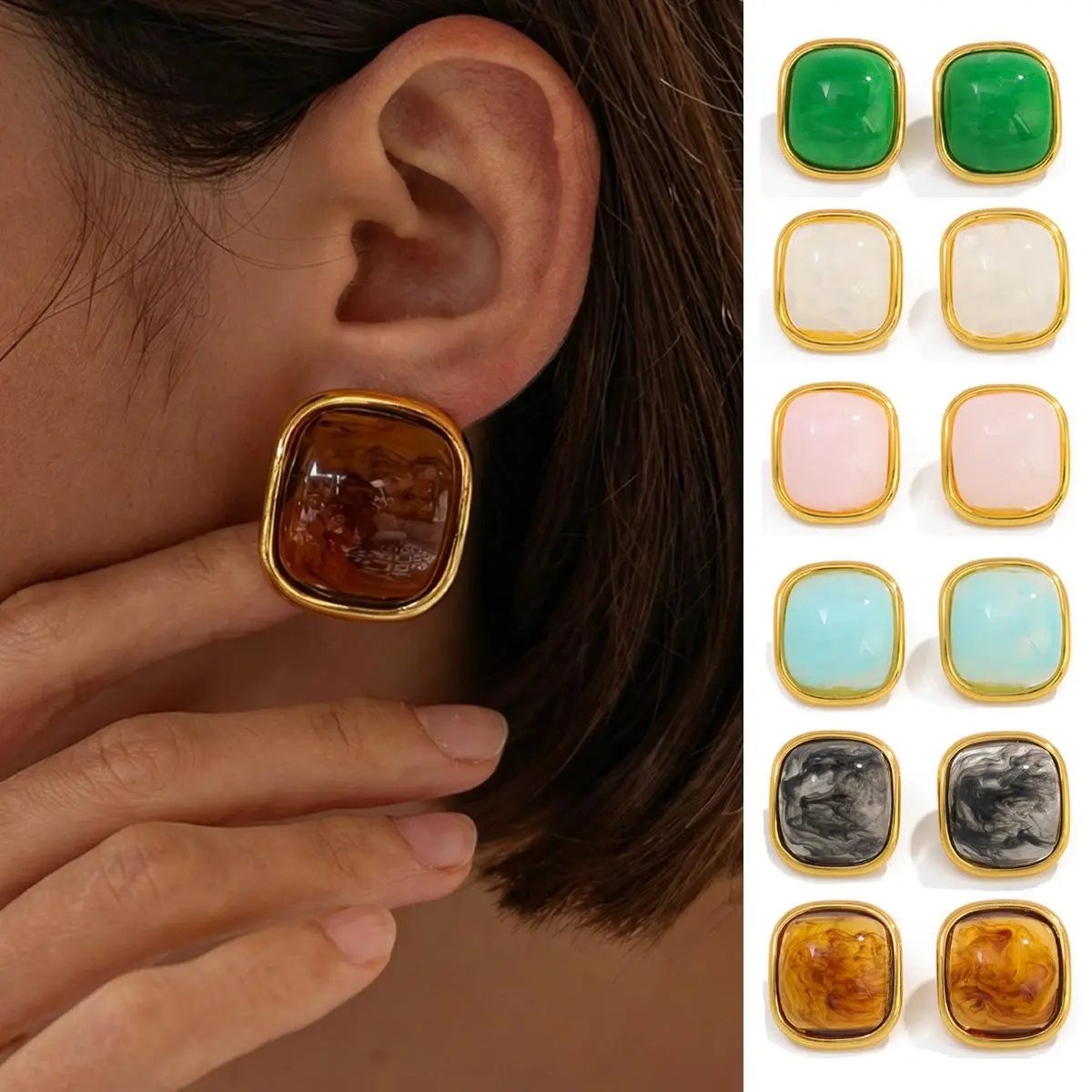 Chunky Gold Square Stud Earrings Retro 80s Resin Cushion Jewelry Y2K Baddie Aesthetic Old Money Luxury Back To School Fall Fashion Gift For Her