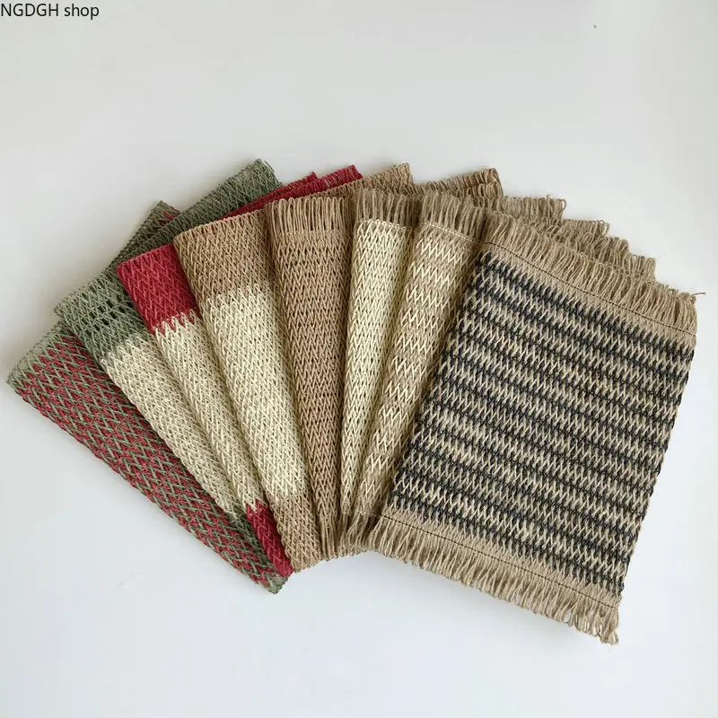 Woven Placemats - Fringe Jute Table Mats for Dining, Rustic Farmhouse Striped Boho Natural Beige Kitchen Home Deco, Tableware, Rectangle