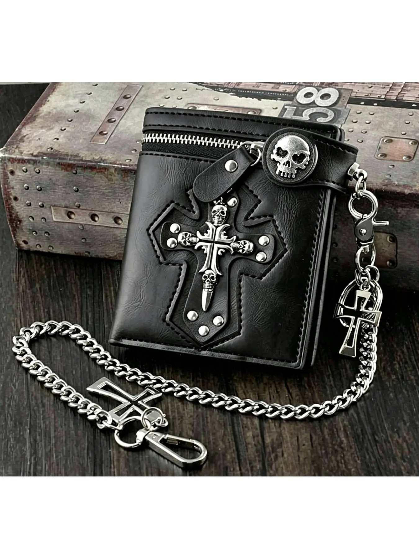 Gothic Style Men's Wallet, Imitation Leather, Cross Buckle Design, Spiked Decorated Wallet, Rivet Decoration, Cool Motorcycle Chain, Adjustable Length, Compact Size, PU Leather Wallet