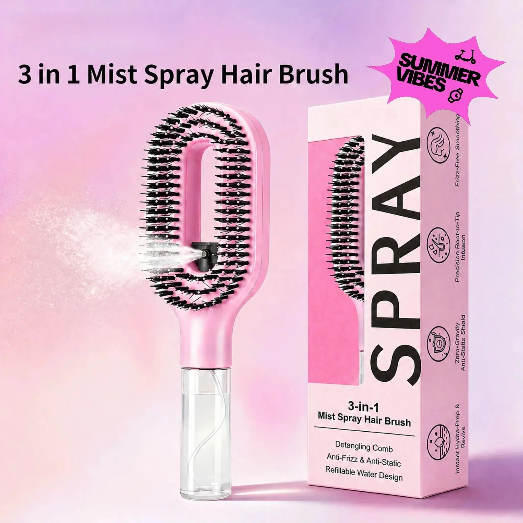 3-Way Spray Ionic Hair Brush for Women, 55ml Refillable Comb with Anti-Static Bristles, Instantly Tames Flyaways & Tangles for Thick Curly Hair, Must-Have for Morning Rush & Gym Bag.