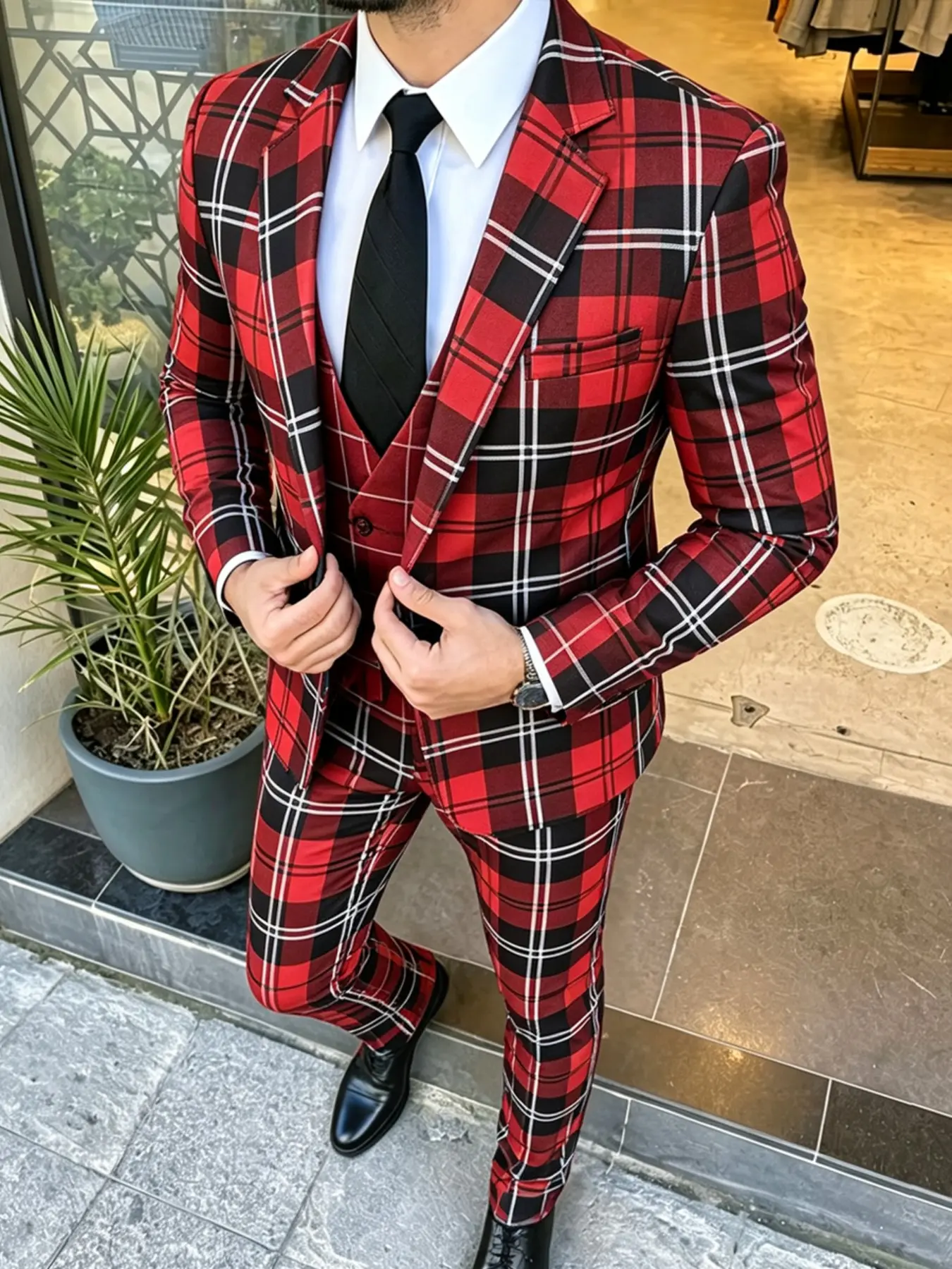 Men's Suit Set Two-Piece, Fashionable Plaid Print, Slim-Fit Jacket and Pants, Ideal for Weddings, Parties, Casual Occasions