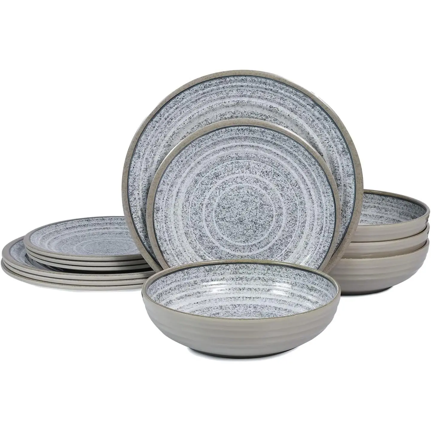 Melamine Dinnerware Sets 12 count - Service for 4 Plates & Bowls Sets Dishwasher Top-Shelf Safe,  Dinner Dishes Set for Everyday Use-Granite  Gray