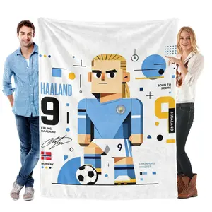 Erling Haaland 9 Cartoon Flannel Throw Blanket Ultra Soft Warm Soccer Star Blanket for Football Fans All Season Home Decor