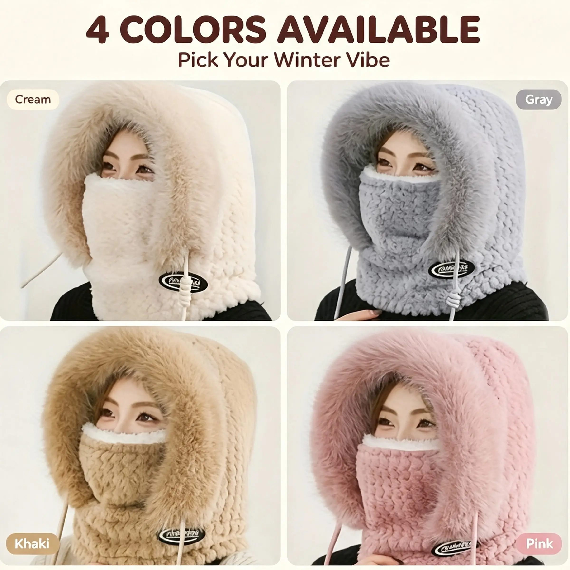 4 Colors Women's Plush Balaclava Hooded Scarf, Thermal Windproof Winter Hat with Drawstring & Face Cover, Cozy One-Piece Cold Weather Headwear